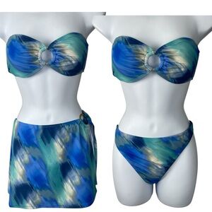 Jessica Simpson 3 Piece Multi Blue Bandeau Bikini Set with Coverup Size M NWT